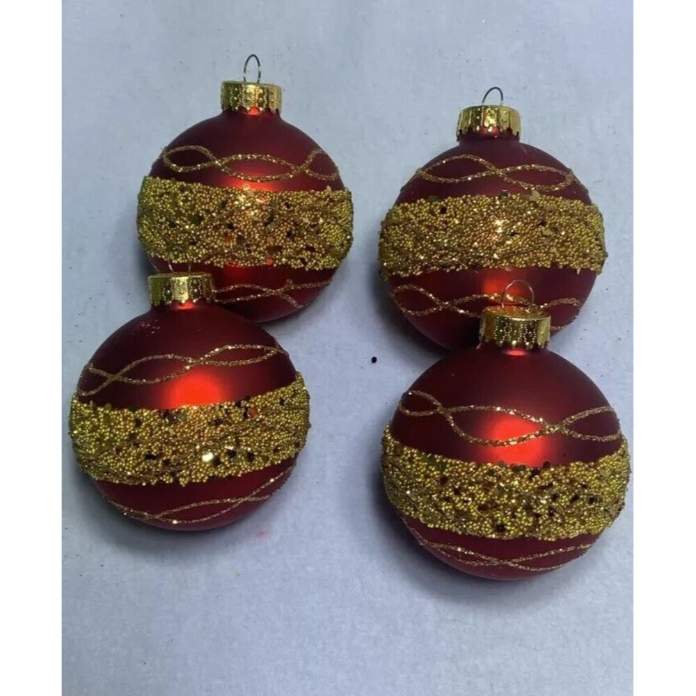 4 Vintage Unique Treasures Red Glass Christmas Ornaments W/ Gold Glitter  3"